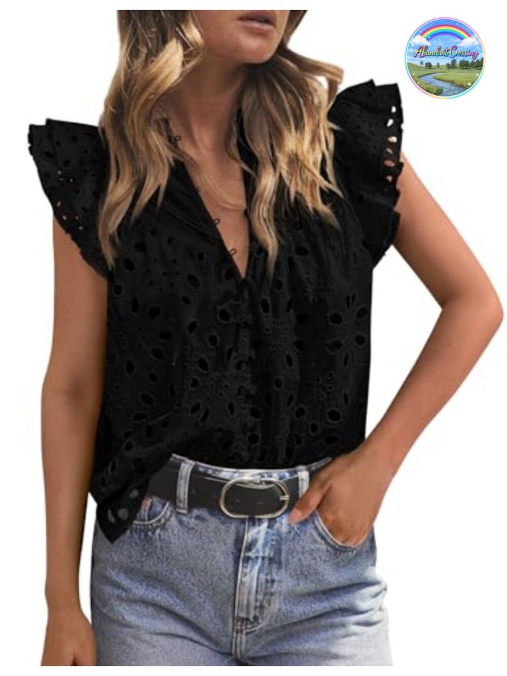 Eyelet V Neck Blouse with Flutter Sleeves and Button Down Front